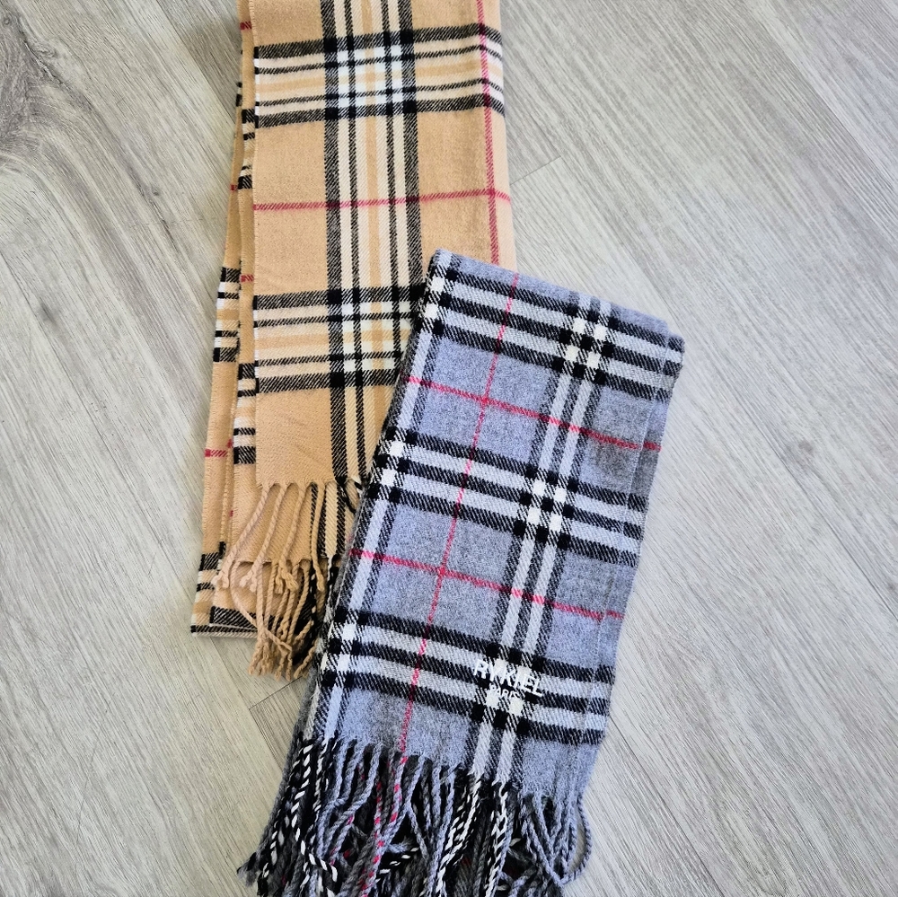 Bundle of 2 Rykiel Wool and Unbranded Acrylic Scarves in Gray and Tan Plaid